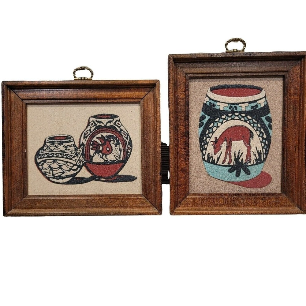 Rainbow Way Pueblo Pottery Sand Art Set of 2 Vtg New Mexico Framed Wall Decor